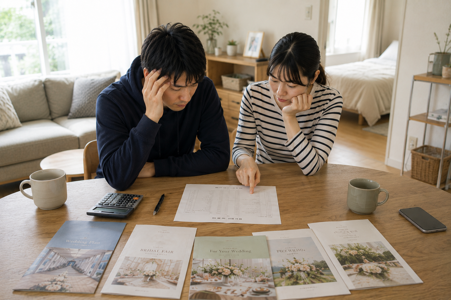 予算を見ながら悩むカップル