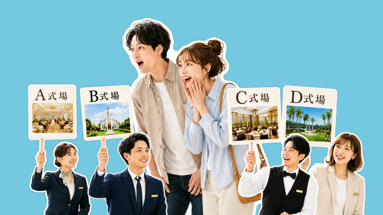 結婚式場の提案を受け取るカップル