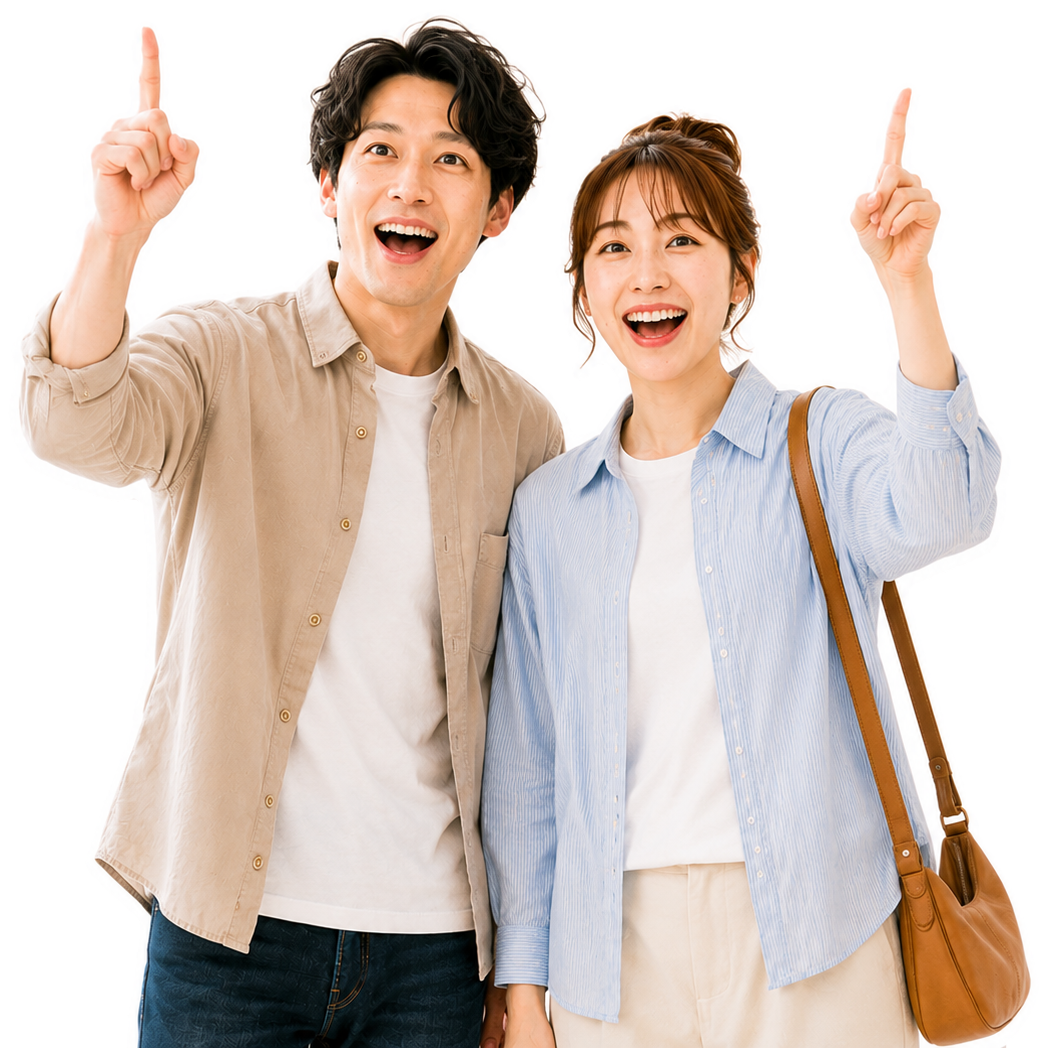 ひらめいて指を指すカップル