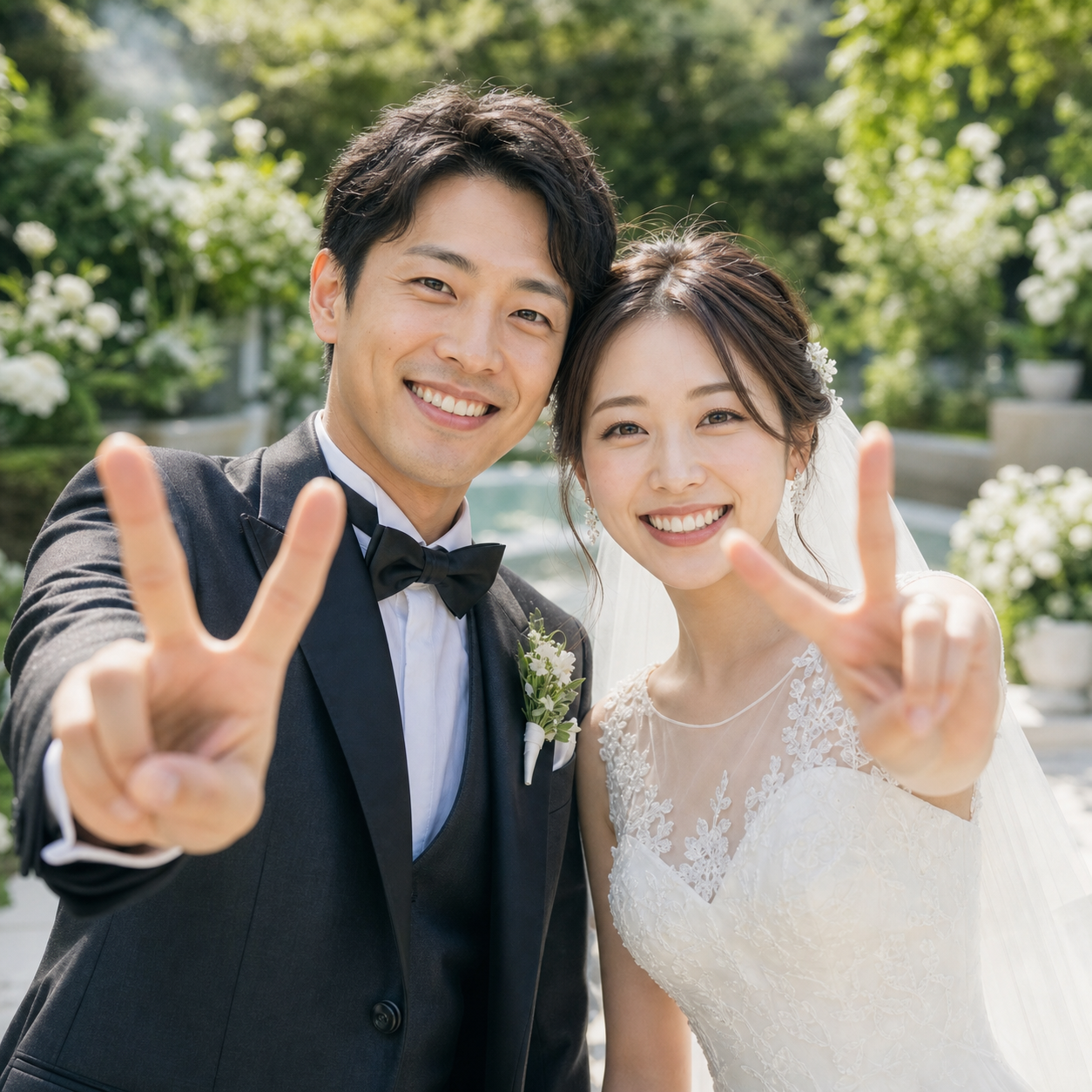 カメラにピースを向ける新郎新婦